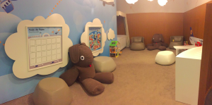 a room with a large stuffed animal