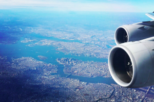 a plane engine and city