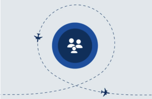 a blue circle with planes and a couple of people