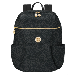 a black backpack with a gold zipper