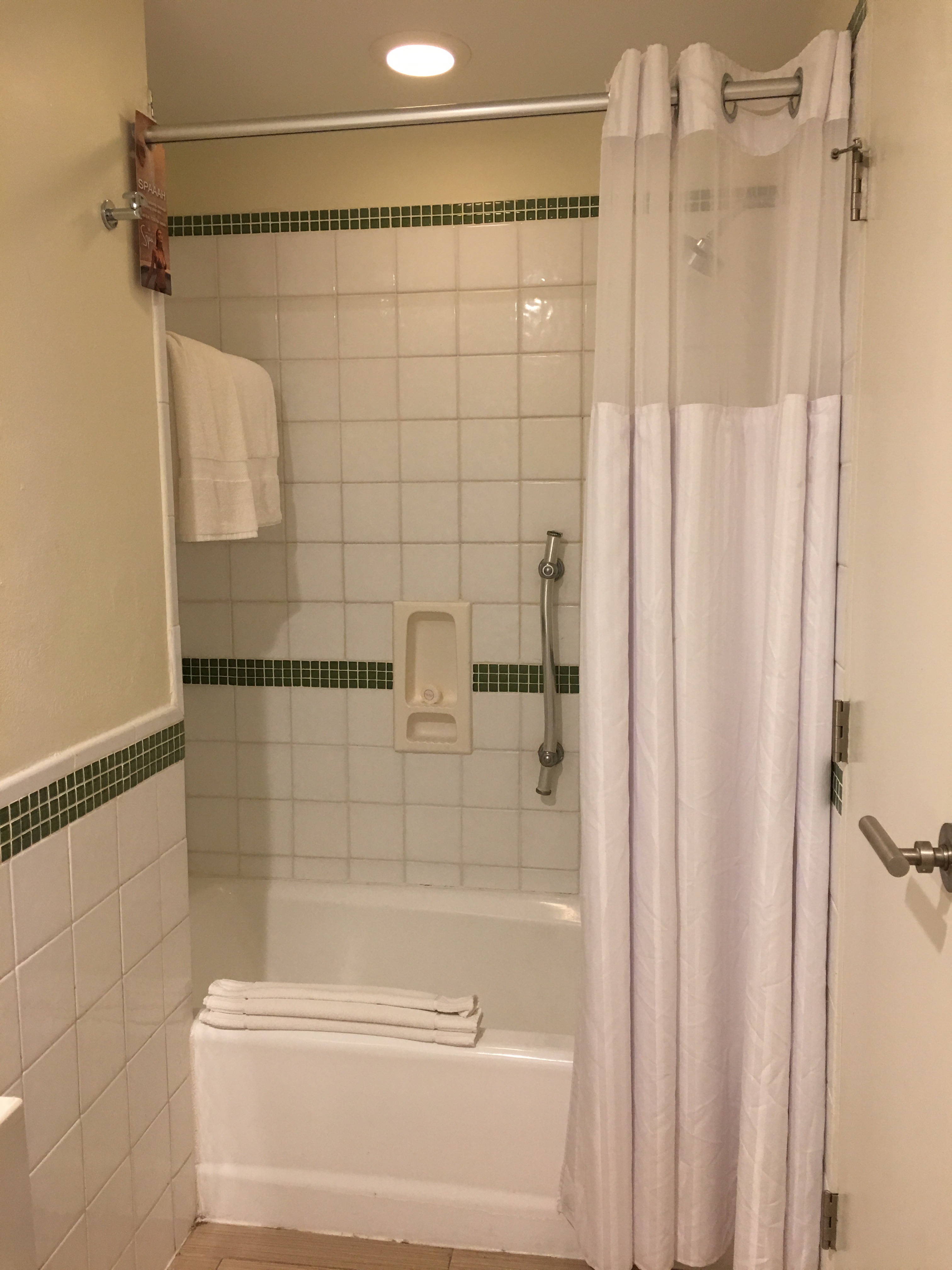 a bathroom with a shower curtain and bathtub