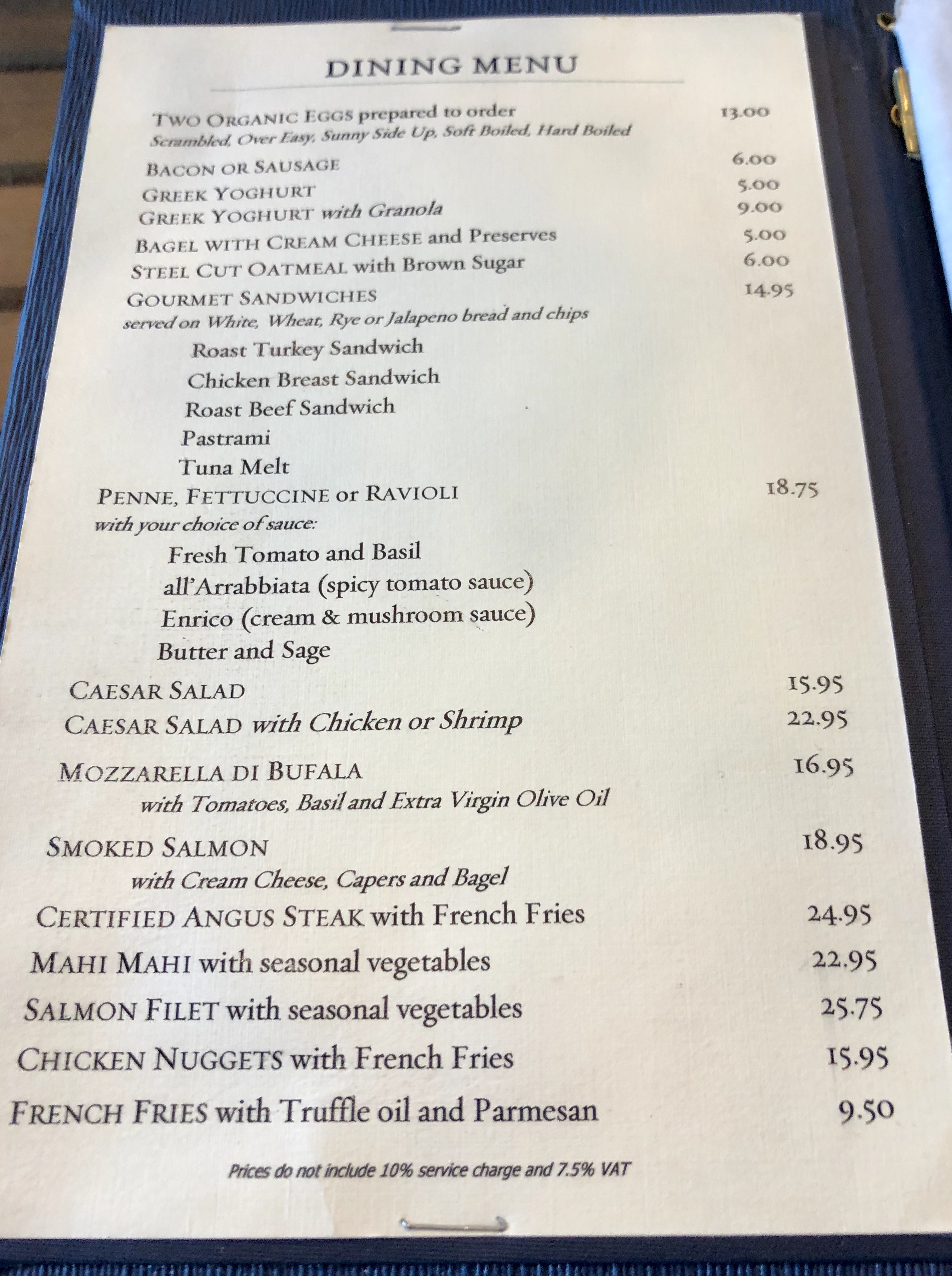 Dining menu at Graycliff Lounge in Nassau, Bahamas