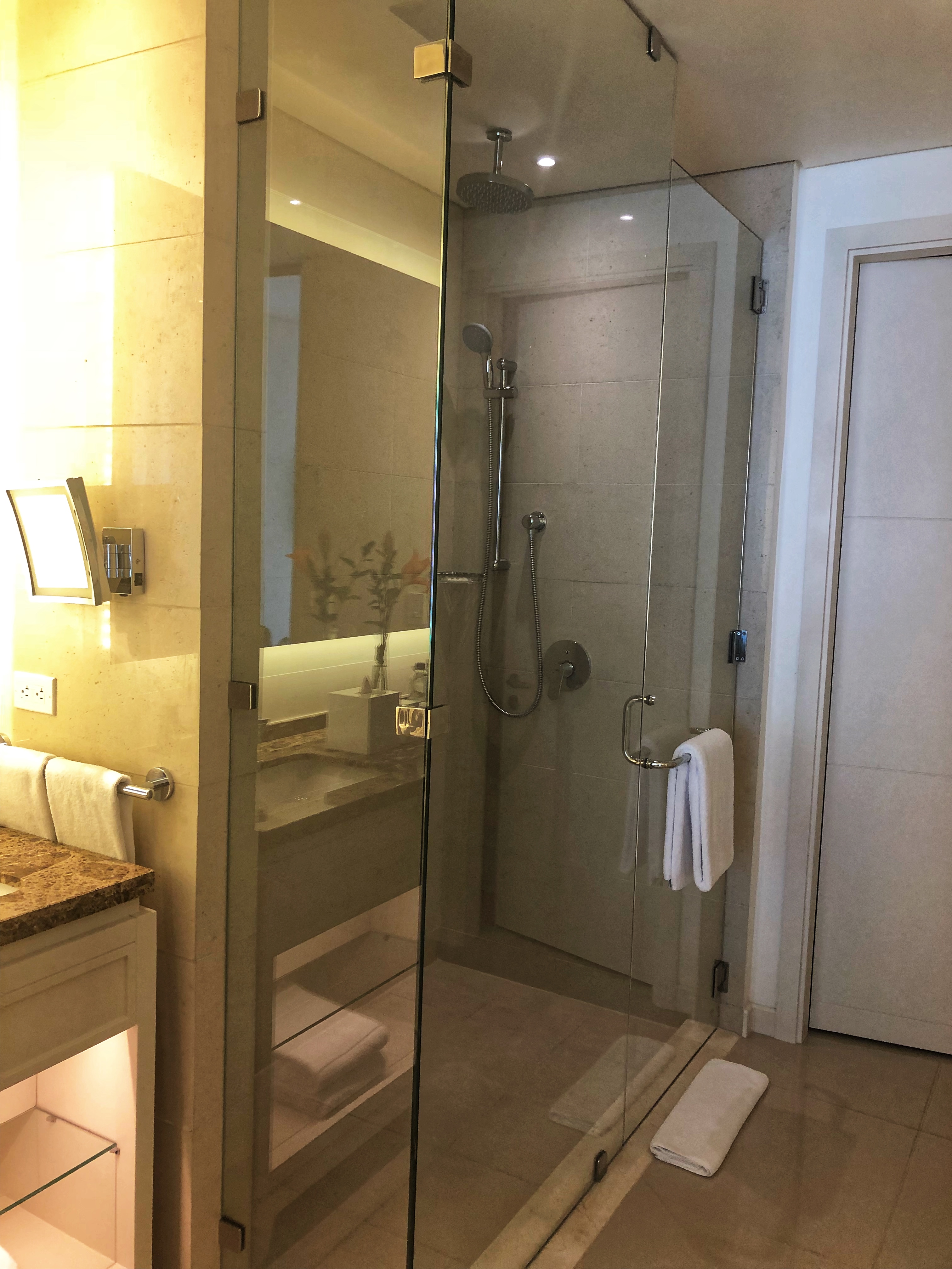 a glass shower with a sink and a mirror
