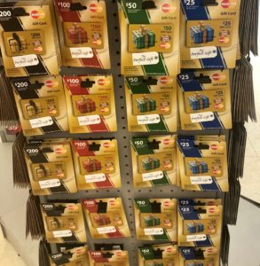 a display of gift cards
